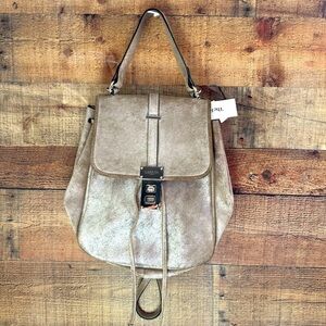 Rare Lanvin Collection 2 Way Shoulder Metallic Leather Taupe Bucket Bag